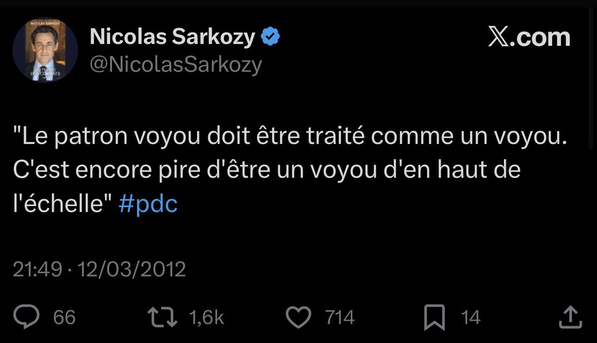 NajibBym's tweet image. La France n&apos;est ni peinée, ni honteuse ce matin. Elle est fière de son Etat de droit qui ne fait pas de différence entre les justiciables selon qu&apos;ils seraient puissants ou misérables.
Quand on commet des méfaits, on paie son dû à la société. Même quand on est ancien Président.