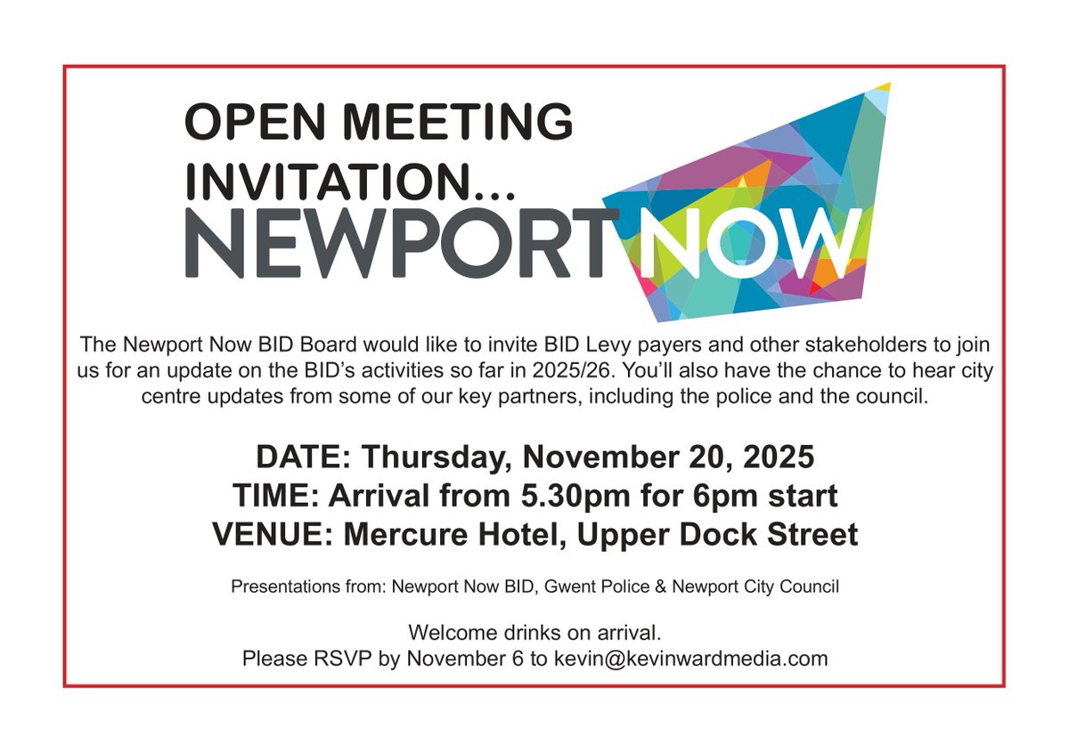 Our next BID levy payers' open meeting will be on November 20 at the Mercure Newport from 6pm.
Presentations from <a href="/gwentpolice/">Gwent Police</a> <a href="/NewportCouncil/">Newport City Council</a>  &amp; <a href="/Newport_BID/">NewportNowBID</a> 
Please note this meeting is for BID levy payers only.
Full details in the image, including how to RSVP.