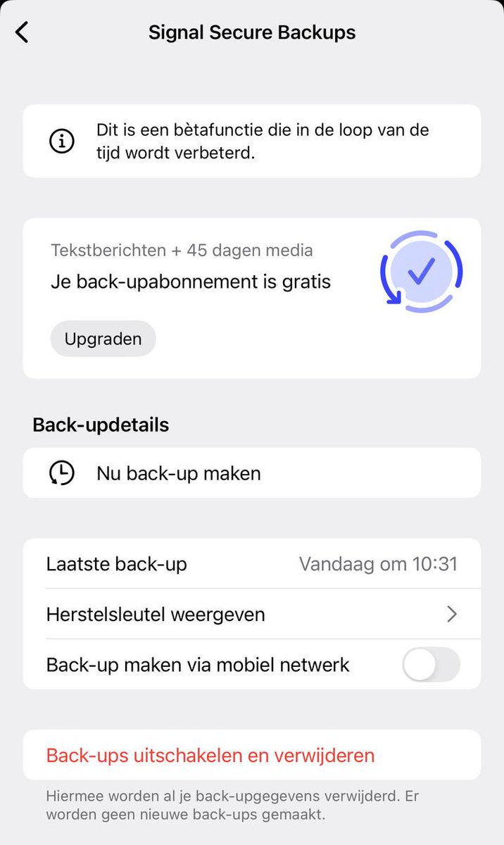 Gave nieuwe aankomende functie voor Signal: je kan binnenkort end-to-end-versleutelde backups in de cloud maken. 

De functie is gratis voor tekst en tot 45 dagen oude mediabestanden, er komt ook een betaalde variant met 100GB opslag.

Via de beta heb je al toegang tot backups: