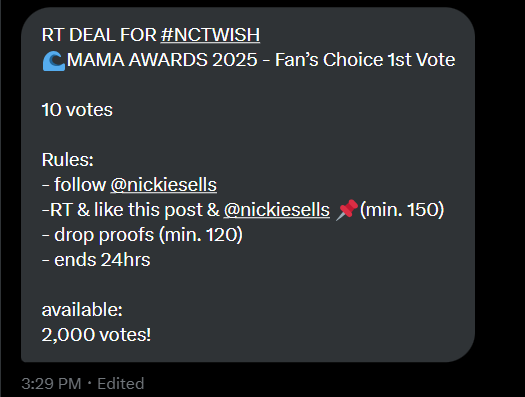 RT DEAL FOR #NCTWISH 
🌊MAMA AWARDS 2025 - Fan’s Choice 1st Vote

10 votes

Rules:
- follow <a href="/nickiesells/">nickiesells</a>
-RT &amp; like this post &amp; <a href="/nickiesells/">nickiesells</a> 📌(min. 150)
- drop proofs (min. 120)
- ends 24hrs

available:
2,000 votes!