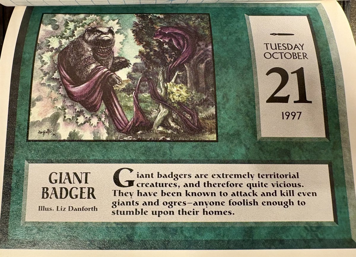 superalusu's tweet image. 10/21(火)
Giant badger
訳: 巨大アナグマは非常に縄張り意識の強い生き物であり、そのため非常に獰猛です。
彼らは巨人やオーガでさえも襲い、殺してしまうことが知られています。
つまり、自分たちの巣に不用意に近づく愚かな者は、誰であれ命の危険にさらされるのです。
#1997MTG日めくりカレンダー