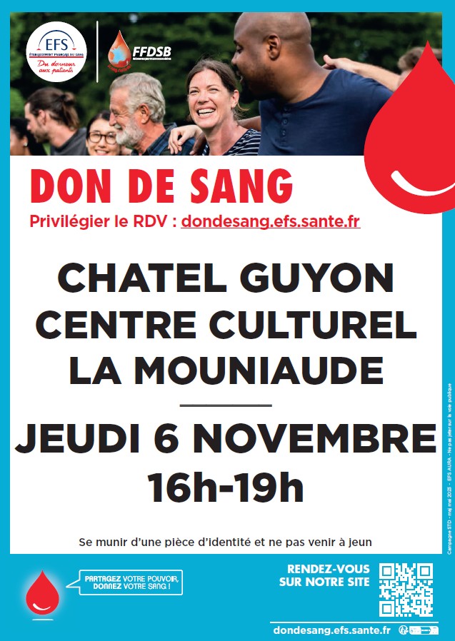 #dondesang 🩸
Le CCAS de Châtel-Guyon et l' <a href="/EFS_dondesang/">Établissement français du sang</a>  organisent le jeudi 6 novembre une collecte de sang au Centre culturel de la Mouniaude. 
Rendez-vous de 16 à 19h pour les donneurs, de préférence après avoir réservé un créneau sur dondesang.efs.sante.fr