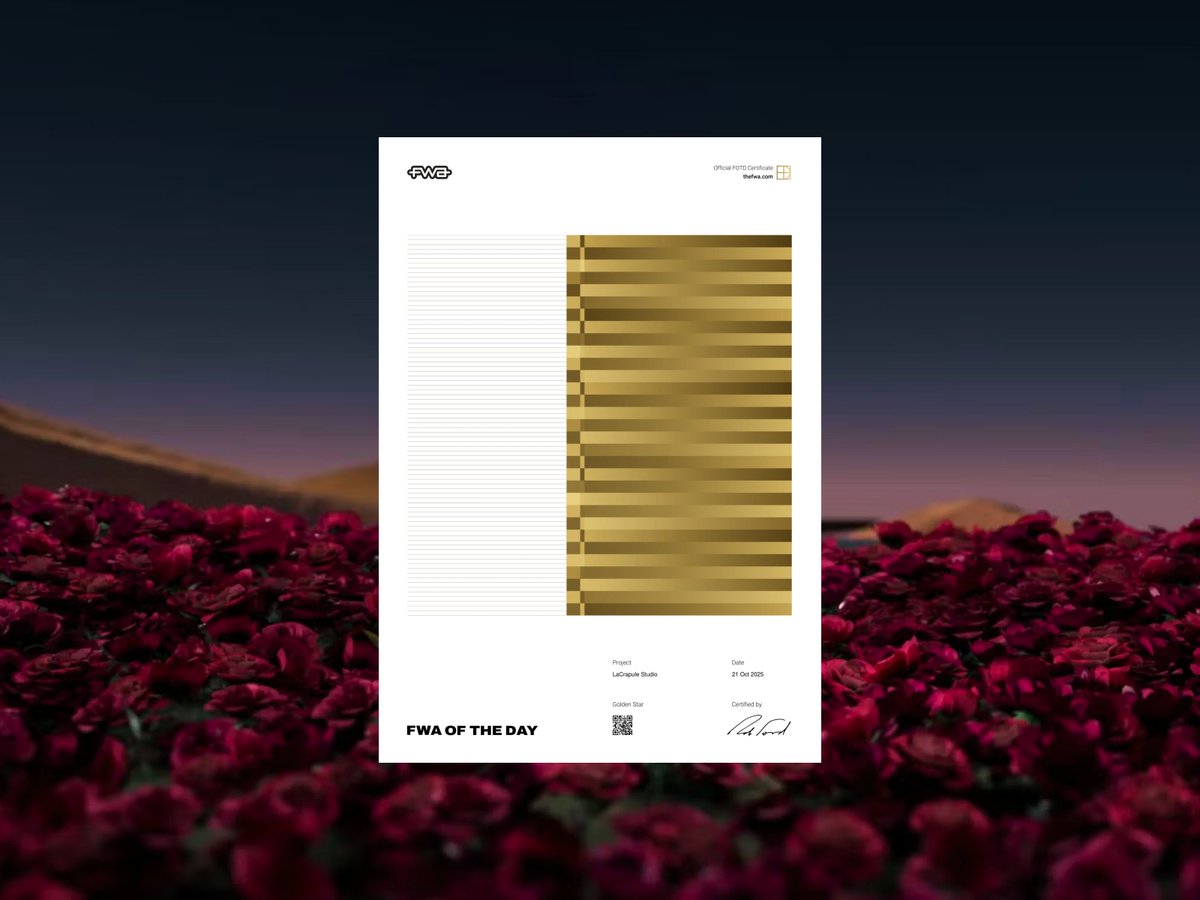 AmineZegmou's tweet image. FWA of the Day! 🏆
Three days after the Awwwards SOTD, LaCrapule Studio just got an @fwa of the Day! 🤩
Two awards in a few days, didn’t see that one coming.
Thanks so much to all the judges who voted 🖤
#FWA #javascript #freelance