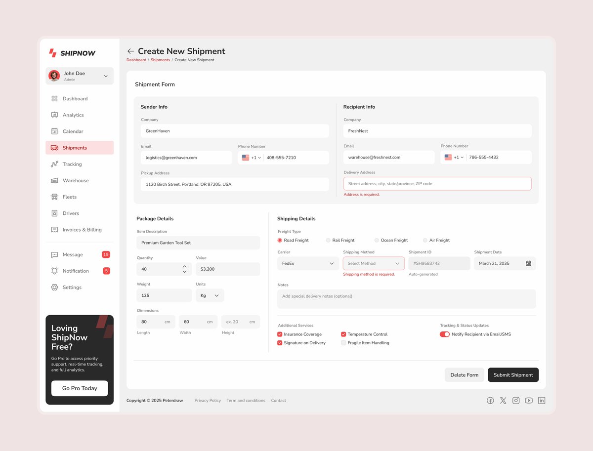 peterdraw's tweet image. Transform the way you manage logistics with ShipNow – Shipping Management Dashboard, crafted in @figma for performance and precision.
Designed for end-to-end shipping flow, it includes a Warehouse Page for inventory control, a Create New Shipment Page for streamlined order…