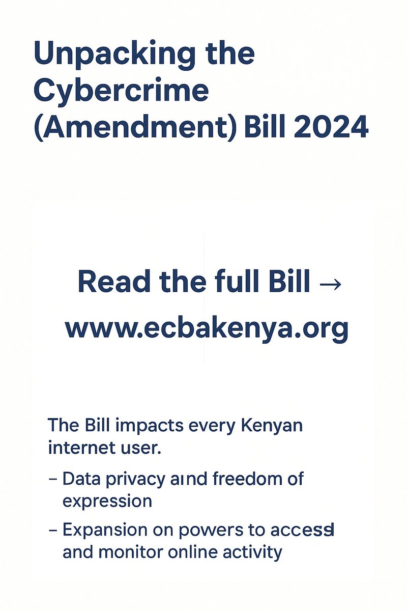 ECBA_kenya's tweet photo. “Read the Full Bill”

Before forming an opinion, read it for yourself.
The full Cybercrime (Amendment) Bill 2024 is available under Resources at : https://t.co/rvlqt41zTI.

#cybercrimebill2024
#endcyberbullying 
#bekindonline
 #kuwamwema https://t.co/cmcZkGQ7oD