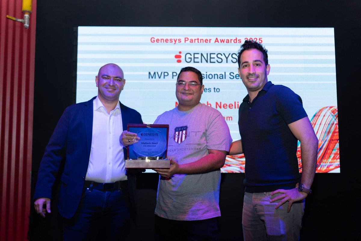 Big win for #TeamCSI at #Gitex2025!

Congratulations to Mallesh Neeli for winning the <a href="/Genesys/">Genesys</a> MVP – Professional Services Award recognizing his outstanding contribution to CX innovation in the Middle East.

#CSInfocomm #Genesys #CXInnovation #TeamCSI #Genesys