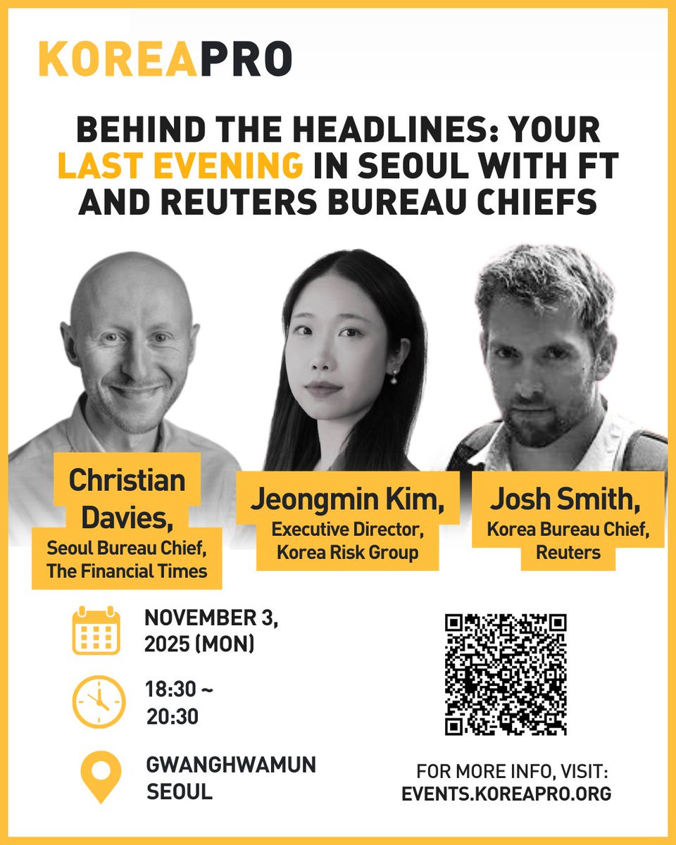 southkoreapro's tweet image. What did years of reporting in Korea reveal to the people who told its story?

Join FT’s @crsdavies &amp;amp; Reuters’ @joshjonsmith in conversation with @jeongminnkim before they leave Seoul, sharing the moments and stories that never made the headlines.

📅 Nov 3 | 🕡 6:30 PM | 📍…