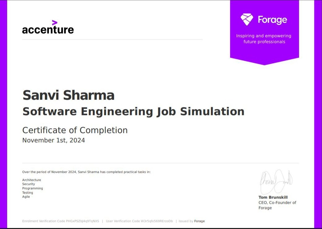 Sanvi_072005's tweet image. Thrilled to complete the Software Engineering Job Simulation by @Accenture on Forage! 💻
Gained hands-on experience in architecture, security, programming, testing, and agile practices.
#Accenture #Forage #SoftwareEngineering #TechSkills #LearningByDoing