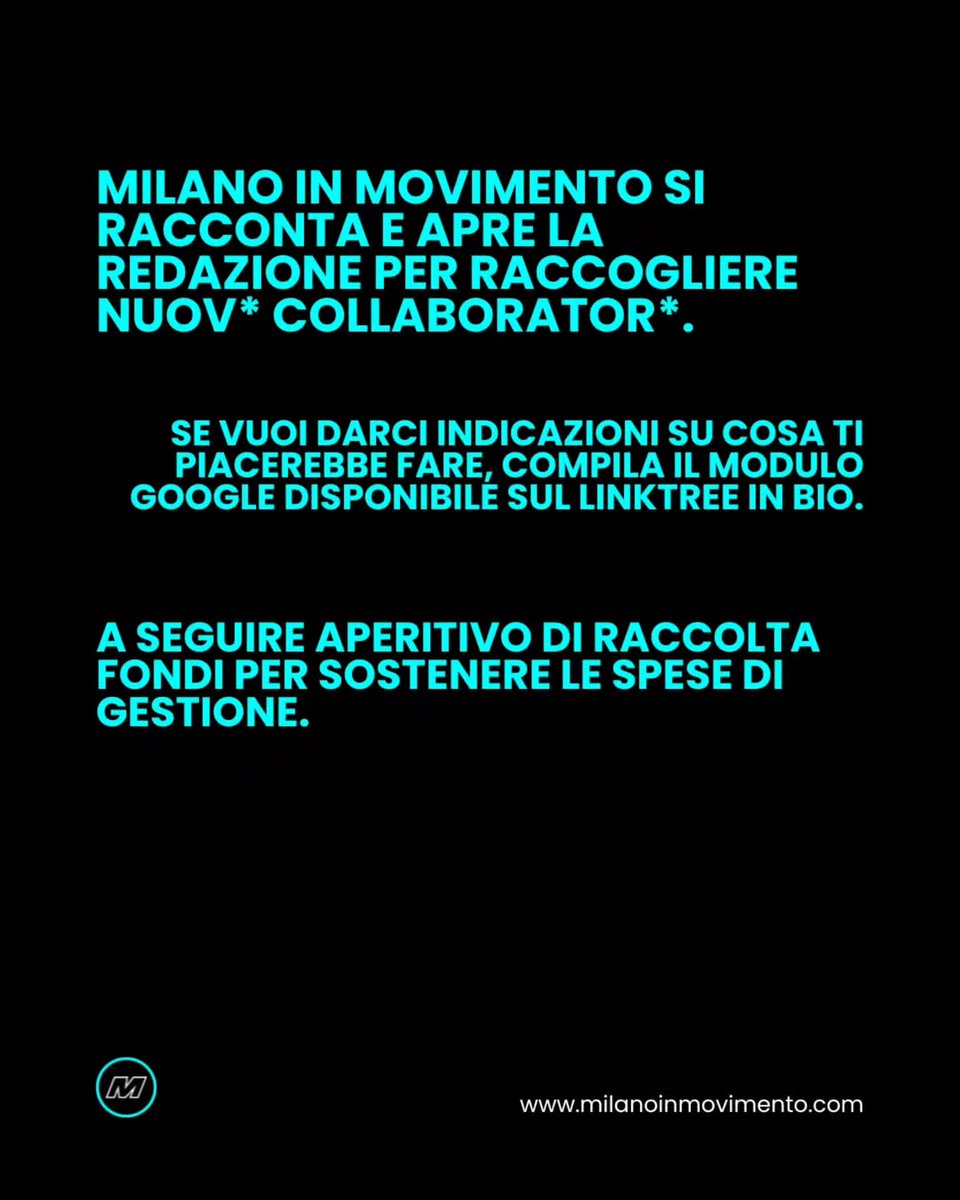 MIM, REDAZIONE APERTA  

Il 29 ottobre, da Al Basèll (via Bengasi 1, Metro Cimiano) dalle ore 19, MilanoInMovimento apre la redazione per raccogliere nuvo* collaborator*. A seguire, aperitivo benefit per le spese di gestione, chiacchiere informali e analisi di fase alcoliche