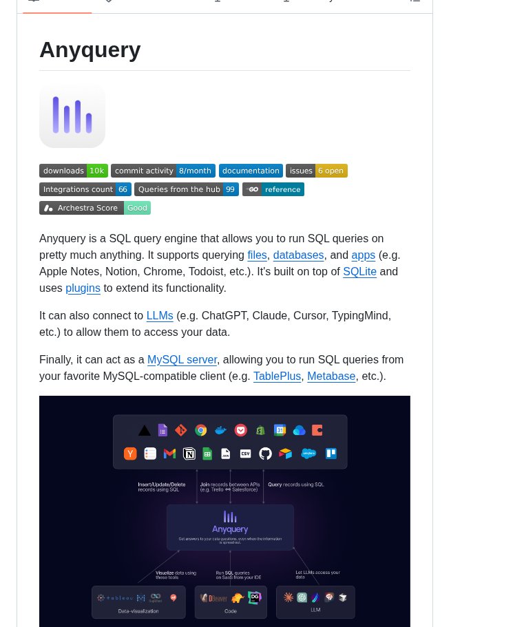 tom_doerr's tweet image. SQL query engine for files, databases, apps, LLMs