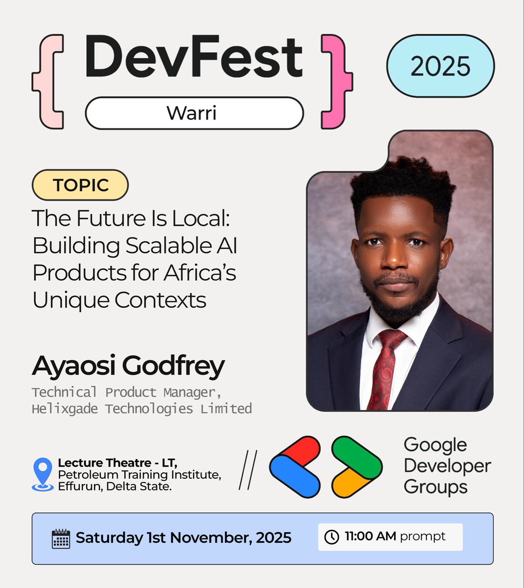 gdg_warri's tweet image. DevFest Warri #DevFestWarr25 Speakers reveal

We are excited to unveil the first set of speakers for DevFest Warri 2025

Joining us is Ayaosi Godfrey @ayaosigodfrey Technical Product Manager 

We can’t wait to be inspired by his talk

RSVP here gdg.community.dev/events/details…

#DevFest
