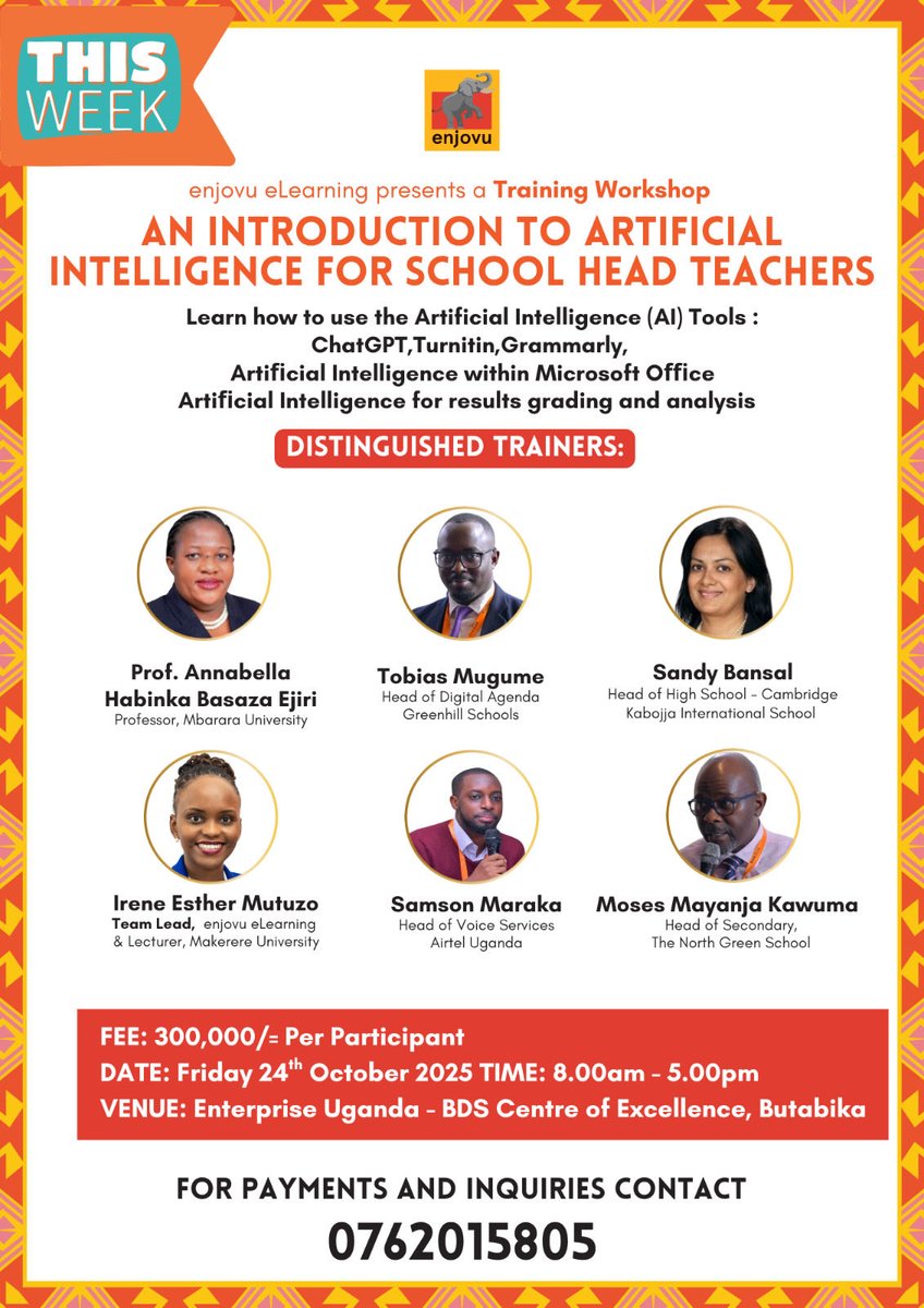 Artificial Intelligence(A.I) is here and it’s our friend not an enemy. 🤖

Join us this Friday, October 24th, from 8:00 AM to 5:00 PM, for an enriching AI workshop tailored for school head teachers at Enterprise Uganda - BDS Centre of Excellence, Butabika to learn more about A.I