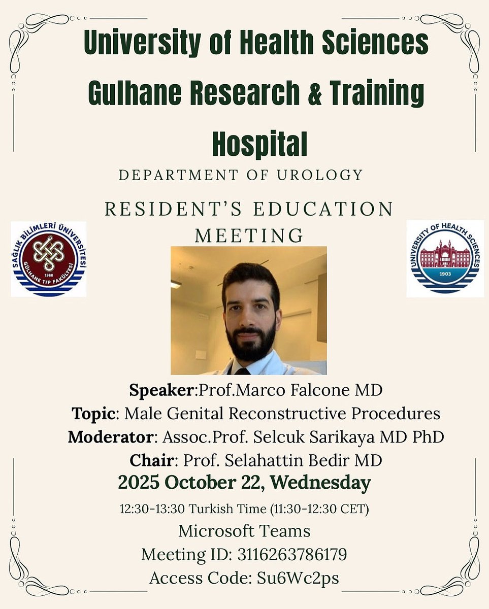 This week Prof.Marco Falcone is talking about ‘Male Reconstructive Surgical Procedures with Videos’ for the Resident’s Education Programme of University of Health Sciences, Gulhane Department of Urology‼️ Waiting all colleagues for the online meeting!
#üroloji #androloji #urology