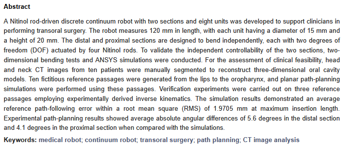 RoboticsMDPI's tweet image. #NewPaperOnline
📖 Preliminary Validation of Nitinol Rod Driven Discrete Continuum Robot for Transoral Surgery by Planar Path Planning with CT Images 
✍ By Yeoun-Jae Kim, Ji Eun Oh and Daehan Wi
👉 mdpi.com/2218-6581/14/1…
#Robotics #medicalrobot #continuumrobot