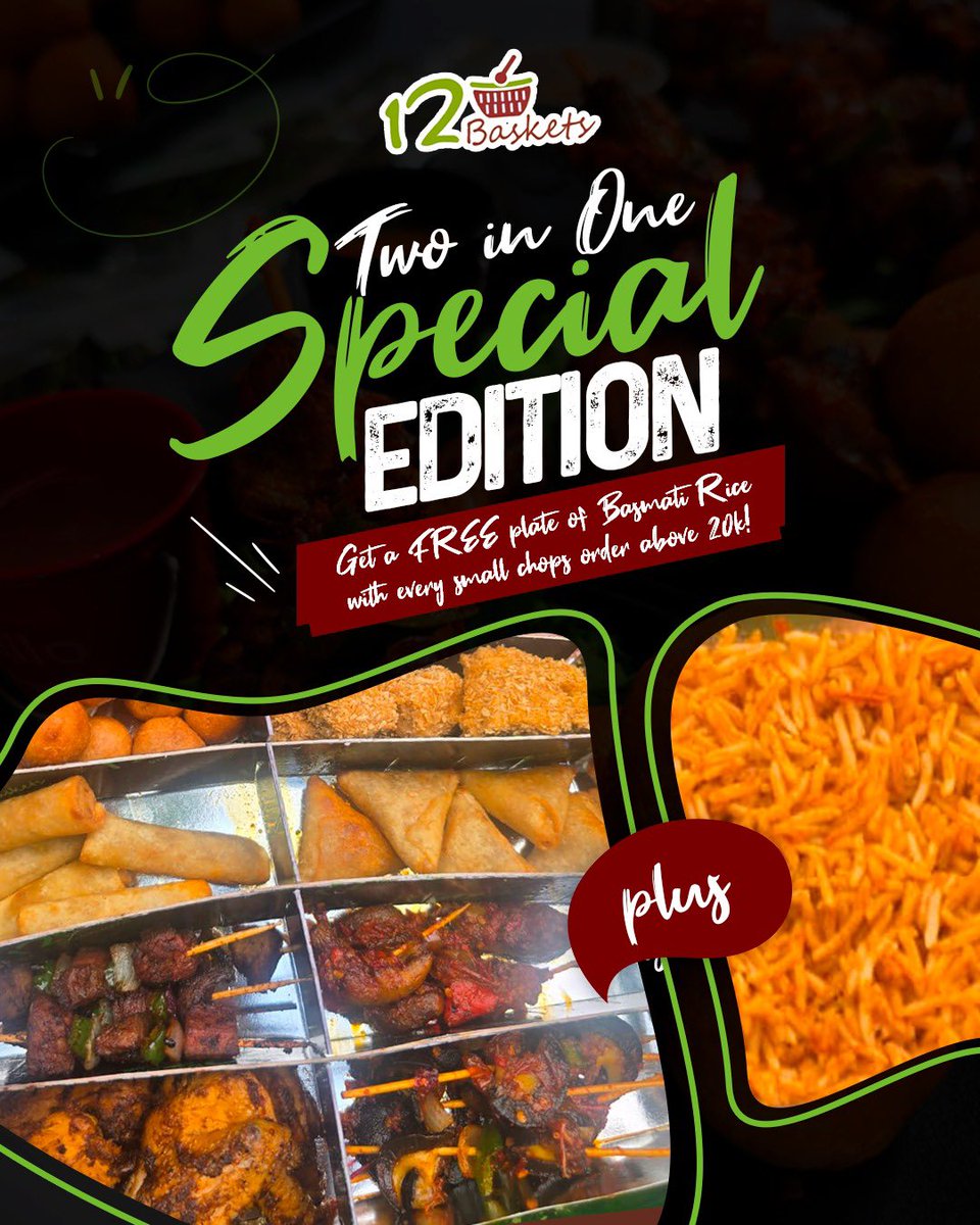 12BasketsHQ's tweet image. The Perfect Harmony; Delight in our exquisite ₦20K small chops platter and enjoy a FREE serving of our signature basmati Jollof crafted to perfection. 👌

Limited Offer

📞 Call: 07040060000

#SmallChops #SmallChopsInLagos #SmallChopsInAbuja #Lagos #Abuja #12Baskets