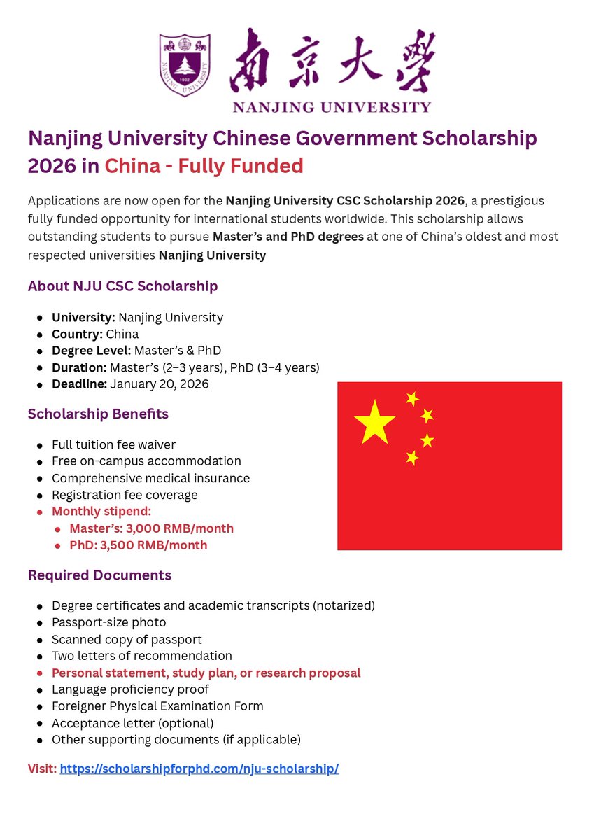 Nanjing University Chinese Government Scholarship 2026 China (Fully Funded) - Study in China

Visit: scholarshipforphd.com/nju-scholarshi…

Degree: Master &amp; PhD

No Need IELTS - Stipend

Deadline: Jan 20, 2026
