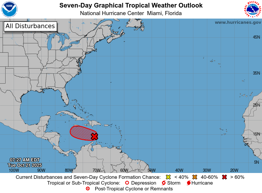 NHC_Atlantic's tweet image. 8 am EDT - A tropical storm is expected to form later today over the central Caribbean Sea.  Interests in Puerto Rico, Hispaniola, Jamaica, and Cuba should monitor the progress of this system as there is a risk 
of heavy rain and flooding, strong winds, and rough surf later this…