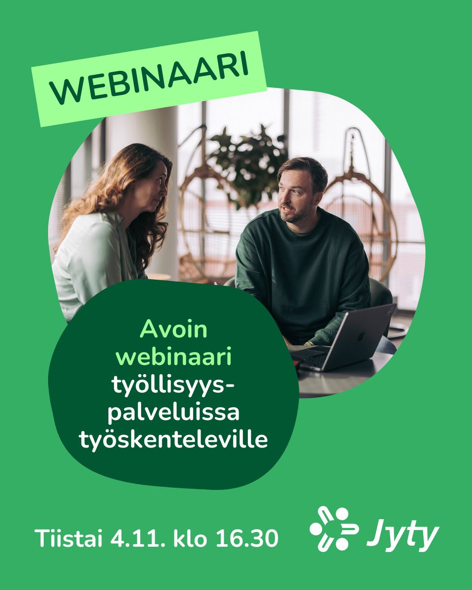 Työllisyyspalveluissa työskentelevä, tule mukaan maksuttomaan webinaariin ja jaa tietoa eteenpäin! 💡

📆 Jytyn avoin webinaari työllisyyspalveluissa työskenteleville 4.11. klo 16.30–17.30

🔗 Lisätietoja ja ilmoittautuminen: jytyliitto.fi/tapahtumakalen… 

#jyty #työllisyyspalvelut