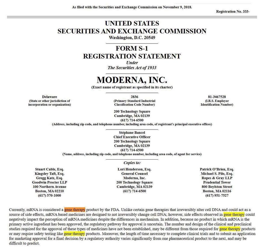 美国证券交易委员会根据 1933 年证券法为 Moderna Inc 提交的 S-1 表格注册声明，详细说明了公司信息，包括地址（200 Technology Square Cambridge MA 02139）、财政年度结束日期（12 月 31 日）、注册地（特拉华州）、主要 SIC 代码（2836，描述为“生物制品”）、注册号（001-39066），以及讨论影响基因表达机制和产品的 mRNA 技术的突出显示文本。
