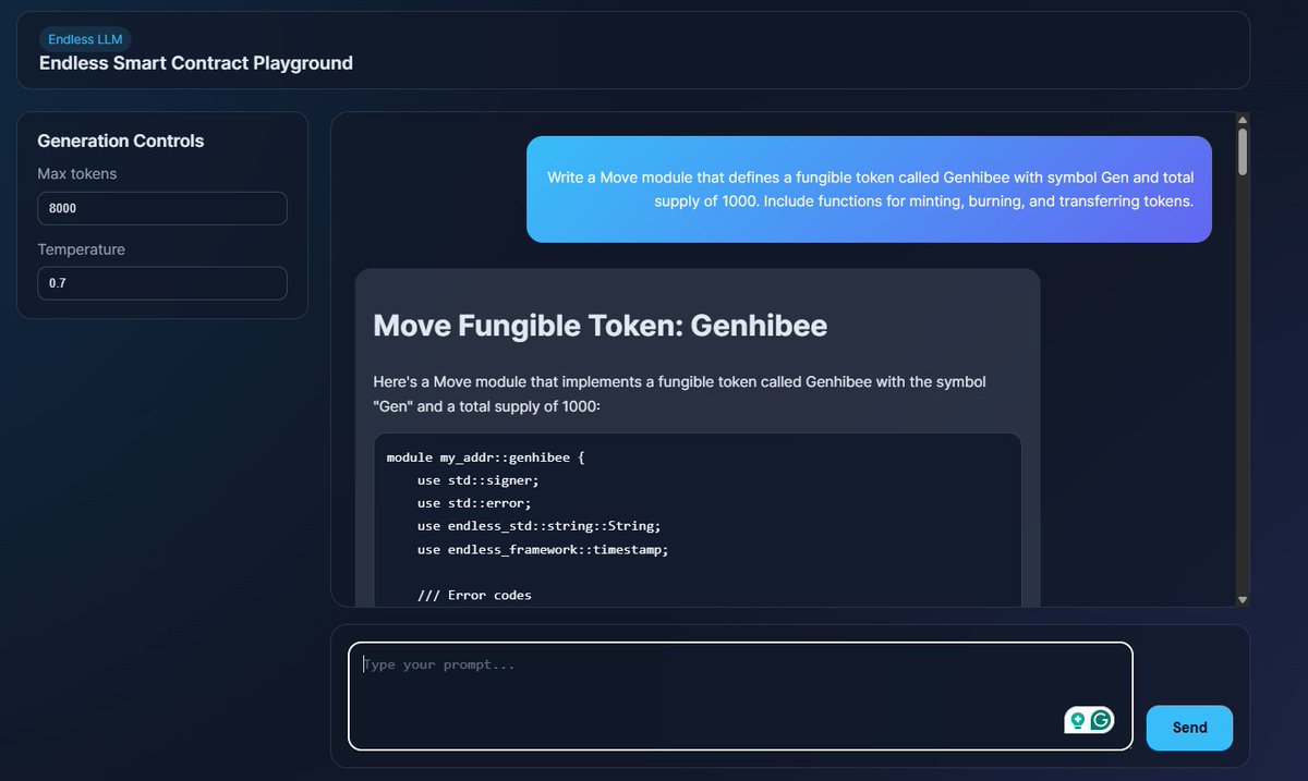 Gen_Hibee's tweet image. I just got the opportunity to experiment with the Endless Smart Contract Playground, and I created a Move-based fungible token (Genhibee / GEN) in one go 🚀. Just one prompt and boom🔥🔥🔥
What @EndlessProtocol is building is just amazing
#EndlessProtocol #MoveLanguage