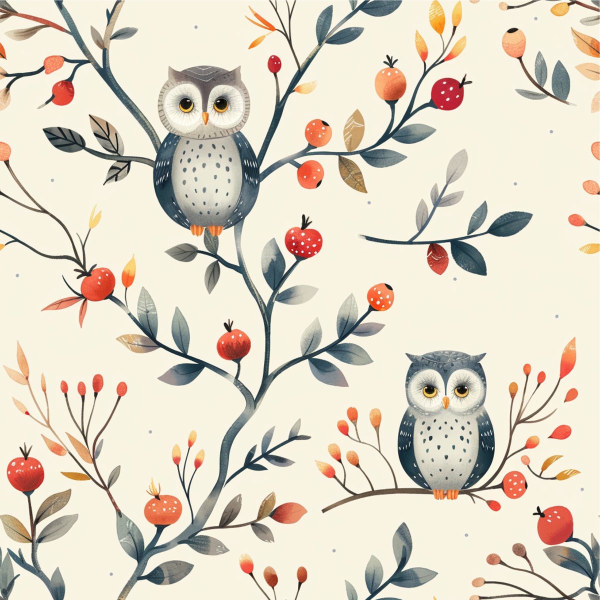 RalfiesDesign's tweet image. Autumnal woodland charm with owls, berries, and foliage. A cozy, whimsical design bursting with nature&apos;s beauty. #fabricdesign #homedecor #naturepattern #owlprint #autumncolors