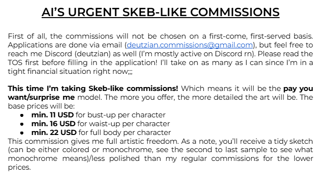 ⚠️ EMERGENCY COMMISSIONS OPEN ⚠️
opening skeb-like comms bc I've got less than $600 left in savings and I need to cover a $250 credit card bill in 2 weeks, so any comms or RTs help a ton 🥹

full details: docs.google.com/document/d/12O…
portfolio: fluxvectura.tumblr.com

form below⬇️