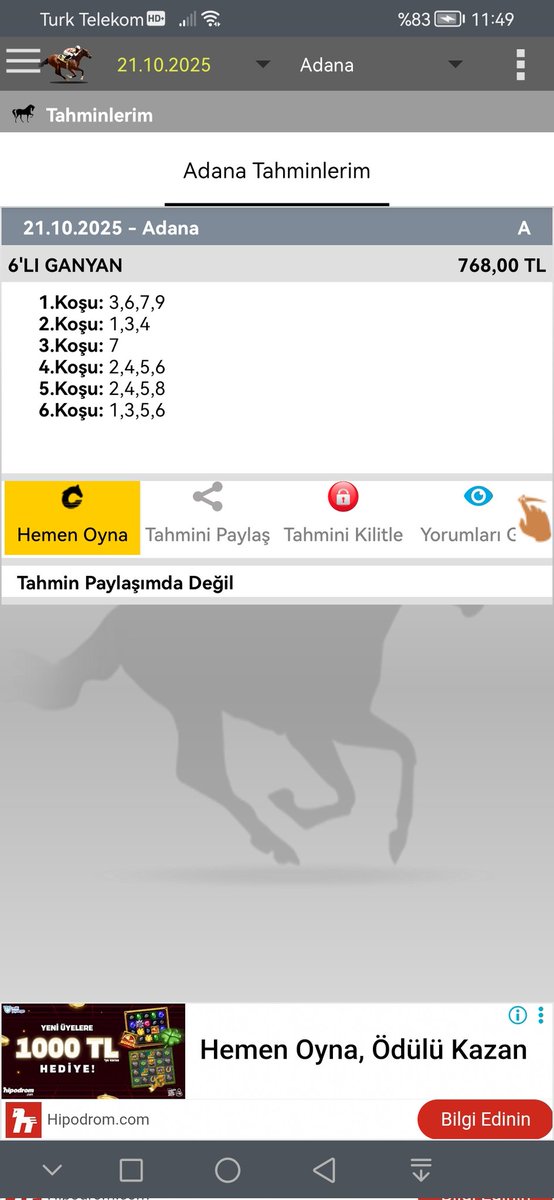 🏇ADANA🏇
16LI GANYAN
BOL ŞANS DİLİYORUM ARKADAŞLAR