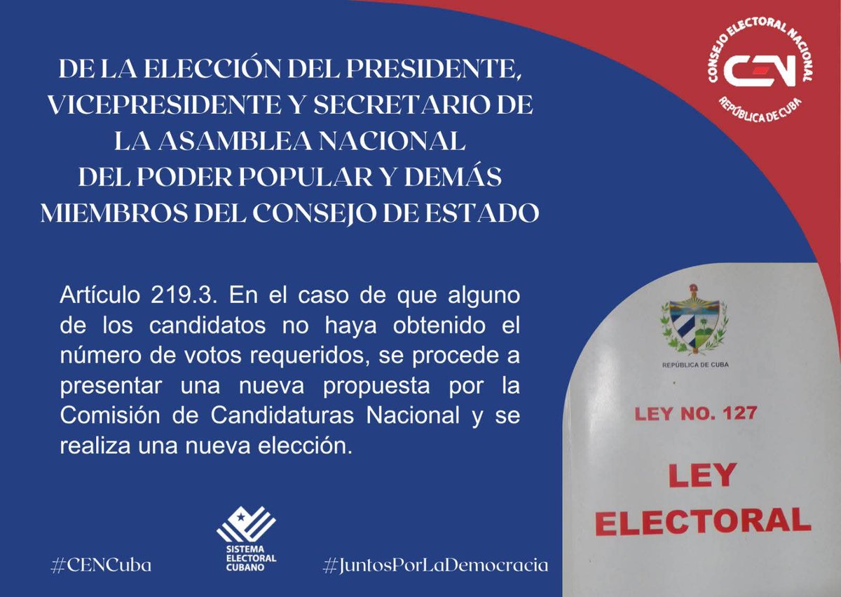 Elecciones_Cuba's tweet image. #CENCuba🇨🇺/ Buenos días ☀️☀️
Continuamos reflejando el procedimiento para la elección del presidente, vicepresidente y secretario de la Asamblea Nacional del #PoderPopular y demás miembros del Consejo de Estado. Así lo refrenda la Ley Electoral No.127.
#JuntosPorLaDemocracia
