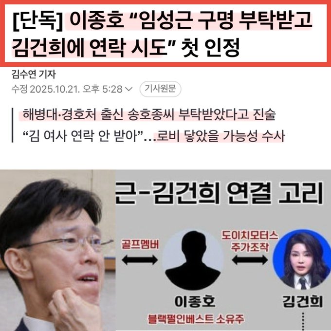 The image is split into two main panels. The top panel has black background with white Korean text in bold font reading 뺴버리고 증언 잘가라 임성근~ and below it another line of text discussing testimony and farewell to Im Seong-geun in a critical tone. The bottom panel shows a middle-aged man in glasses wearing a suit and tie, speaking with hand gestures, connected by arrows to a shadowed male silhouette on the left labeled with Korean text indicating testimony, and on the right a young woman in formal attire labeled with Korean text suggesting involvement or relation.