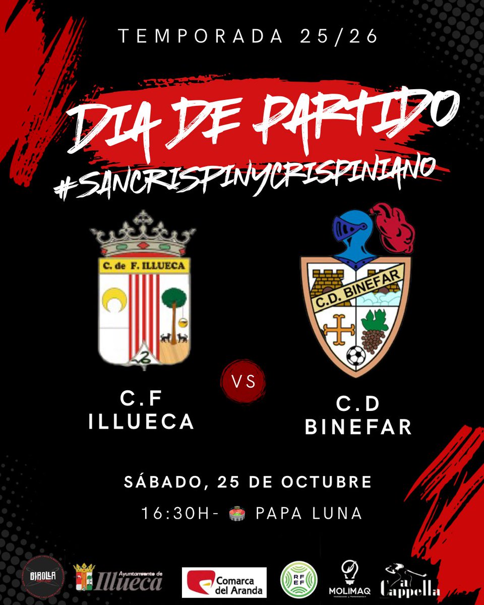 ¡SÁBADO DE FIESTAS! 🎉 

Sábado de partidazo y después del vermut, ¡al #PAPALUNA! 🔥

Vamos a animar a nuestro ILLUECA con toda la pasión💪🏻

Os esperamos a tod@s para hacer que el campo sea una fiesta! 

🔴⚫️⚪️AÚPA ILLUECA🔴⚫️⚪️

#SábadoDeFiestas #Partidazo #Illueca #VivaElFútbol