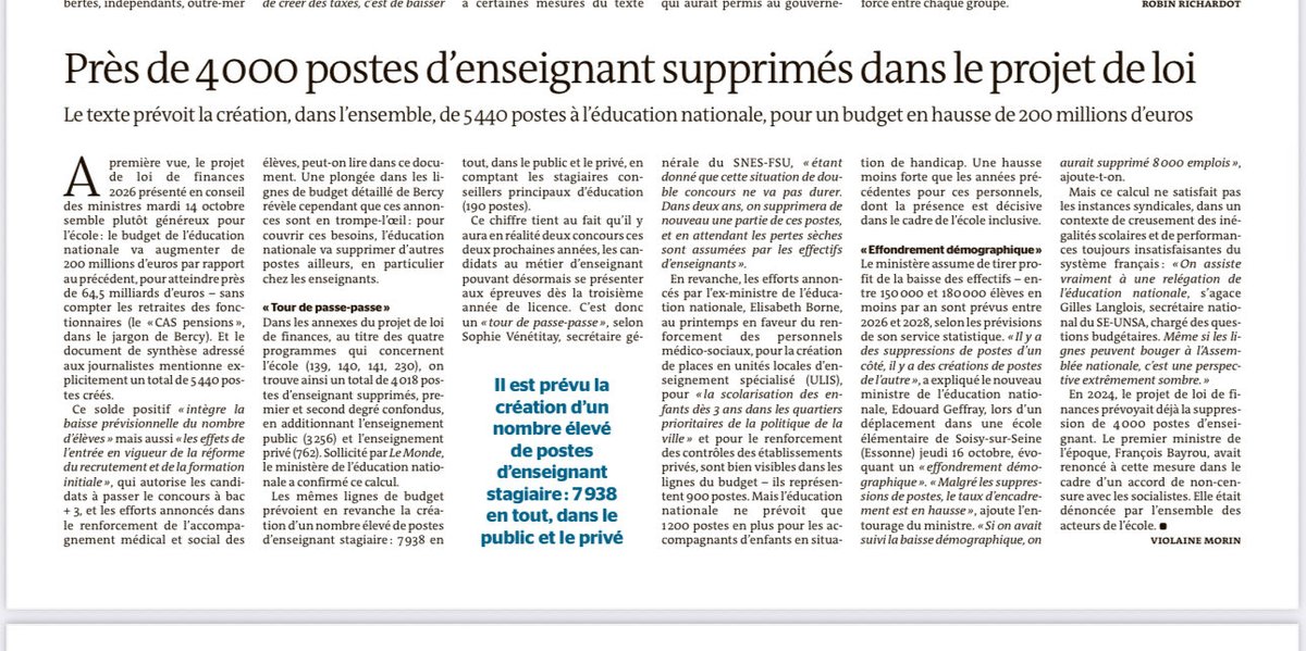 M. le ministre ⁦<a href="/EdouardGeffray/">Edouard Geffray</a>⁩ , au lieu de profiter de la baisse démographique pour diminuer le nombre d’élèves par classe,vous utilisez cette baisse pour supprimer 4000 postes quand nos classes sont les plus chargées des pays de l’OCDE : inacceptable ! ⁦⁦⁩