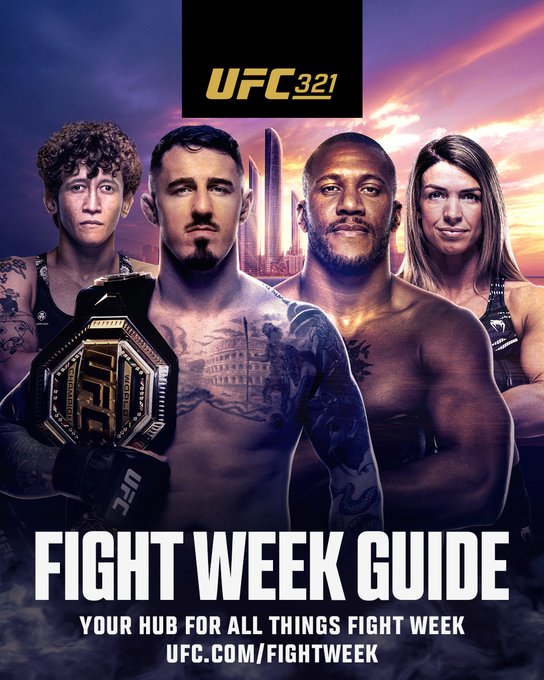 Promotional poster displays four UFC fighters standing together in athletic wear, two men with tattoos and muscular builds, one woman with curly hair, another with straight hair, all posing confidently. Central UFC belt is held prominently. Background features a city skyline at sunset with purple and orange hues. Top overlay reads UFC321 in gold. Bottom text states Fight Week Guide and Your hub for all things fight week at UFC.com/fightweek.
