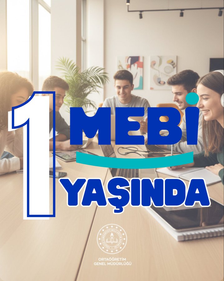 Bright classroom with large windows allowing sunlight, wooden desks with laptops and tablets, group of smiling young adults including males and females with headphones, green plant in corner, wall art, overlaid blue text MEBI 1 YASINDA, white number 1 elements, Ministry of National Education logo at bottom.