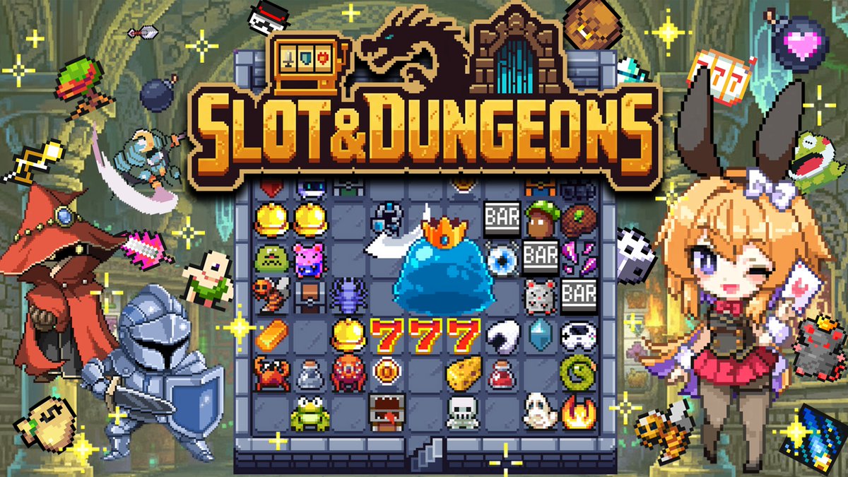 sparklewing925's tweet image. 🎰『Slot & Dungeons』🌋
✨ 10日後、10/31(金)に発売 ✨
というわけで新キービジュアル公開! 🥳🎉
こんな感じでわちゃわちゃしてるゲームです!🍙✨🐸