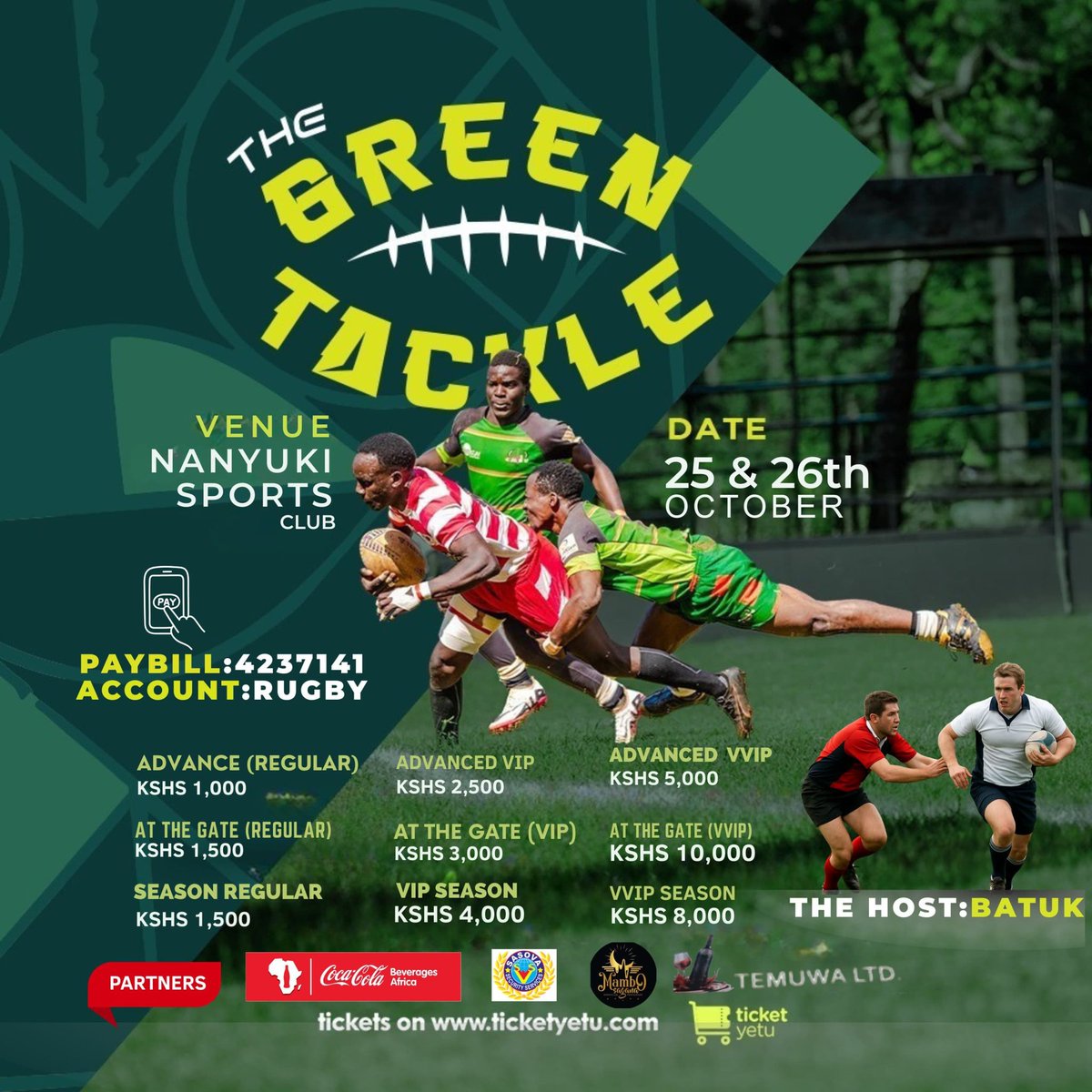 Get ready for The Green Tackle where power meets passion and tackles get real! 🏃‍♂️At Nanyuki Sports Club on 25th &amp; 26th October.
Tickets available on ticketyetu.com

Don’t miss the action, the energy, and the ultimate  tackle experience! 

#TheGreenTackle #TicketYetu