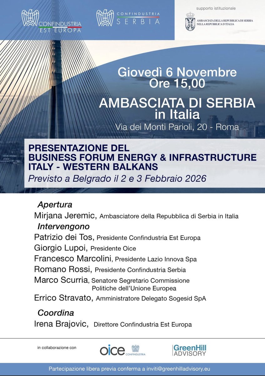 𝐄𝐍𝐄𝐑𝐆𝐘 &amp; 𝐈𝐍𝐅𝐑𝐀𝐒𝐓𝐑𝐔𝐂𝐓𝐔𝐑𝐄 𝐁𝐔𝐒𝐈𝐍𝐄𝐒𝐒 𝐅𝐎𝐑𝐔𝐌
𝐈𝐓𝐀𝐋𝐘 - 𝐖𝐄𝐒𝐓𝐄𝐑𝐍 𝐁𝐀𝐋𝐊𝐀𝐍𝐒
📍 𝗕𝗲𝗹𝗴𝗿𝗮𝗱𝗼 | 🗓️ 𝟮-𝟯 𝗙𝗲𝗯𝗯𝗿𝗮𝗶𝗼 𝟮𝟬𝟮𝟲
Sala Convegni della Camera di Commercio di #Serbia 🇷🇸

landing.greenhilladvisory.com/energy-infrast…