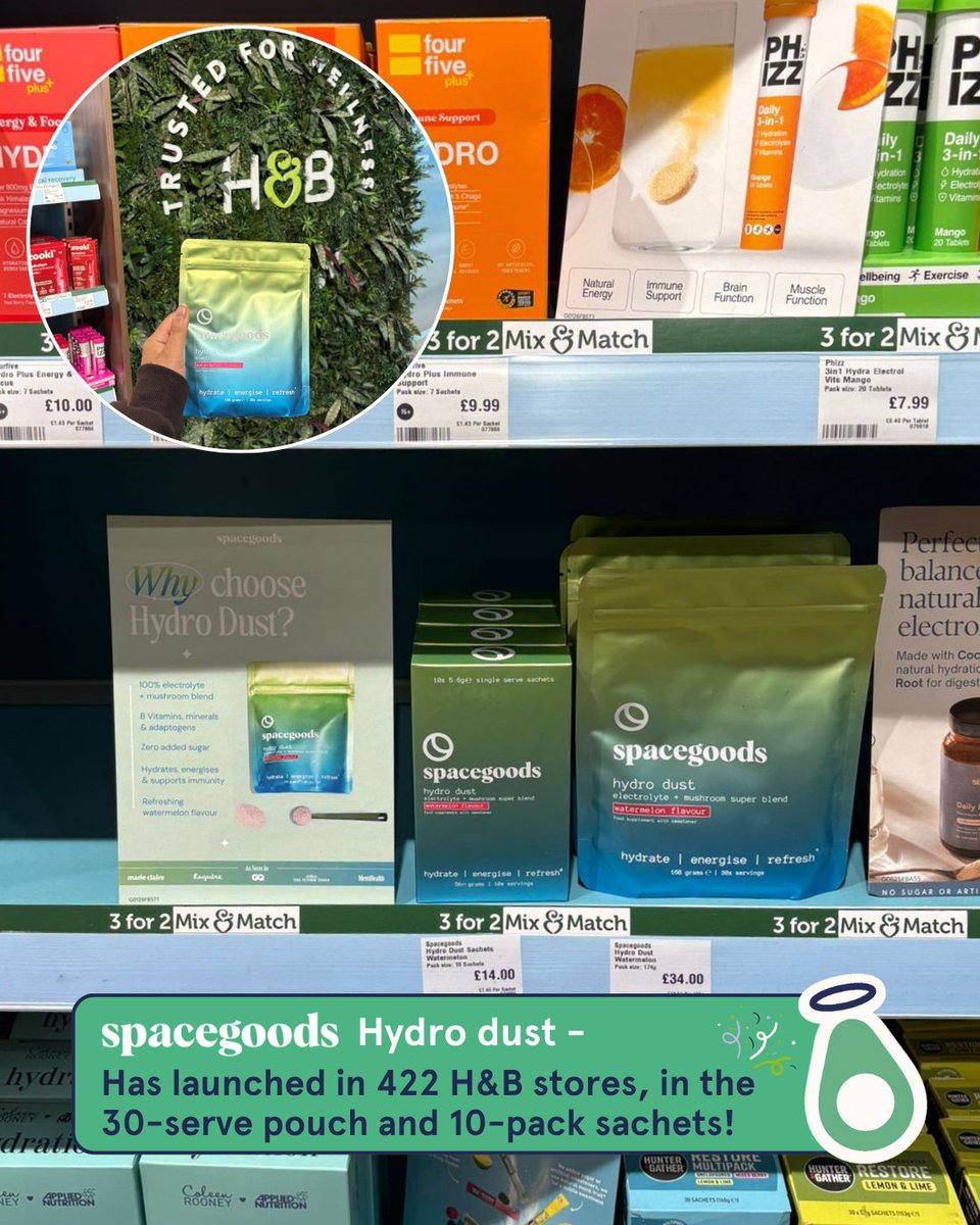 GoodFoodGroup_'s tweet image. 🚀 We’re beyond excited that The Spacegoods Watermelon Hydro Dust is now officially available in 401 Holland &amp;amp; Barrett stores across the UK! In both our 30-serve pouch and 10-pack sachets in store and online!

#Spacegoods #HydroDust  #FunctionalWellness #Hydration #Adaptogens