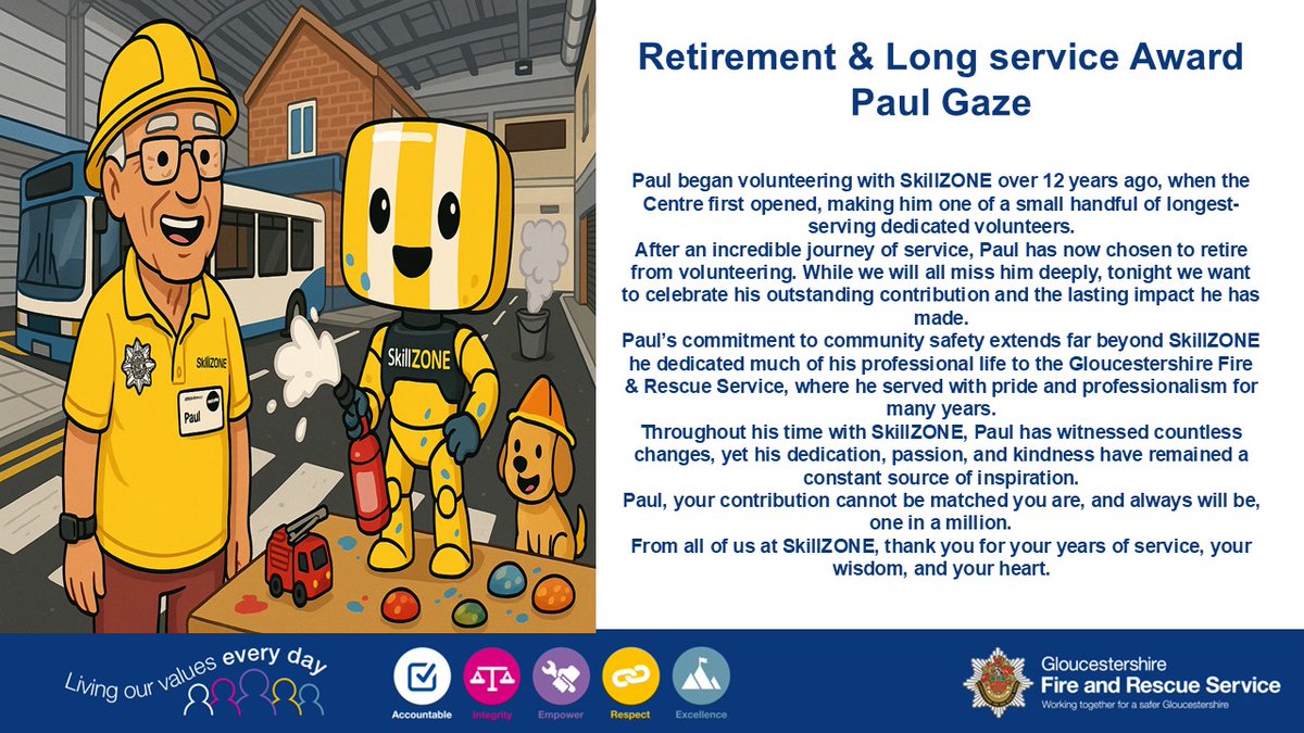 GlosSkillZone's tweet image. Today we celebrate Paul Gaze, who after more than 12 years of incredible service is retiring from SkillZONE. 🙏

Want to make a difference or book a free Home Fire Safety Check?
👉 Visit orlo.uk/l0Eiv
👉 Visit  orlo.uk/KUKjh
#SkillZONE #GFRS