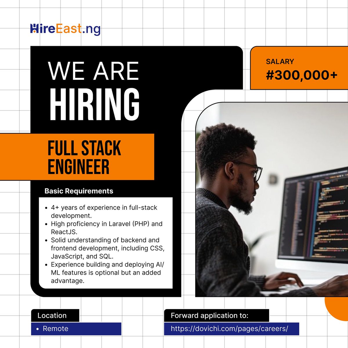 HireEastDotNg's tweet image. We’re hiring Full Stack Engineer (Remote – Nigeria)
Join Dovichi Labs to build and scale our next-gen tech platform.
✅ 4+ yrs experience in full stack development
✅ Strong in Laravel (PHP) &amp; ReactJS
✅ Bonus: AI/ML, CI/CD, Docker, Cloud
✅ Degree in Computer Science preferred
