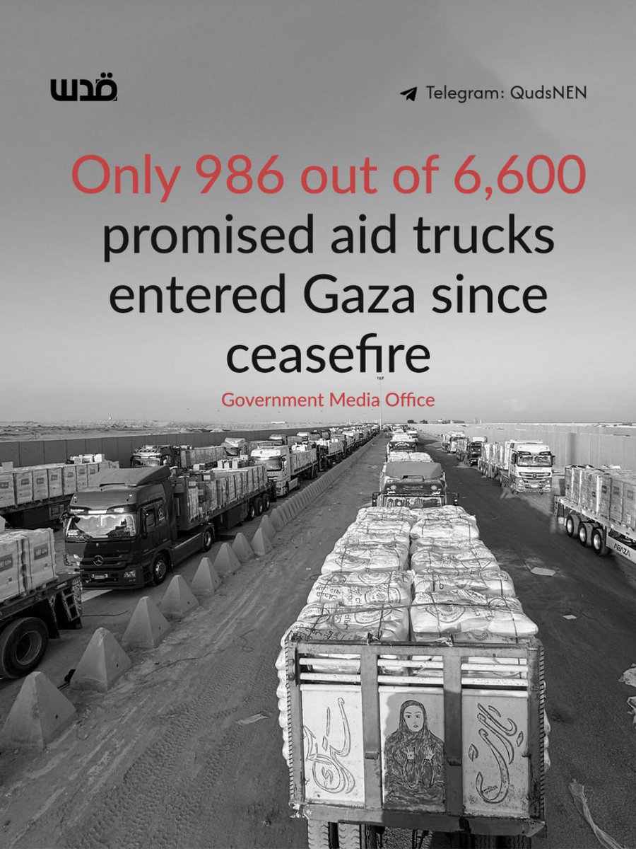 Quds News Network (@qudsnen) on Twitter photo Since the ceasefire took effect, only 986 humanitarian aid trucks have entered the Gaza Strip, far short of the 6,600 trucks that were supposed to arrive by October 20, 2025, under the terms of the agreement. 
Among them, just 14 carried cooking gas and 28 delivered solar fuel, Since the ceasefire took effect, only 986 humanitarian aid trucks have entered the Gaza Strip, far short of the 6,600 trucks that were supposed to arrive by October 20, 2025, under the terms of the agreement. 
Among them, just 14 carried cooking gas and 28 delivered solar fuel,