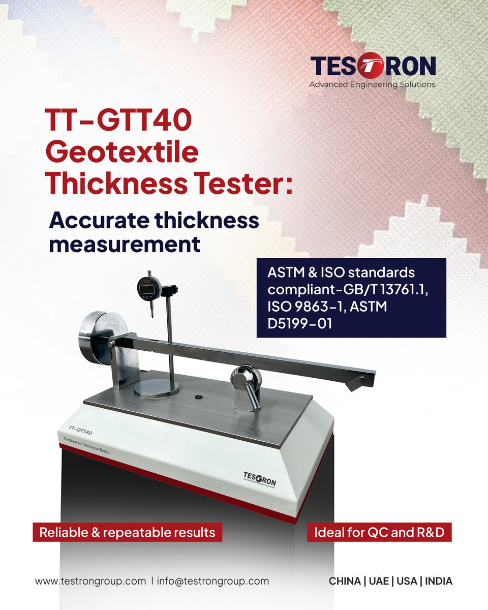 Testrongroup's tweet image. The Elegance of TESTRON’S TT-GTT40 in Textile Industries

𝗙𝗼𝗿 𝗺𝗼𝗿𝗲 𝗶𝗻𝗳𝗼𝗿𝗺𝗮𝘁𝗶𝗼𝗻:
Email: info@testrongroup.com
Product: testrongroup.com/product/tt-gtt…
Website: testrongroup.com

#TestronGroup #GeotextileThicknessTester #TextileTestingEquipment