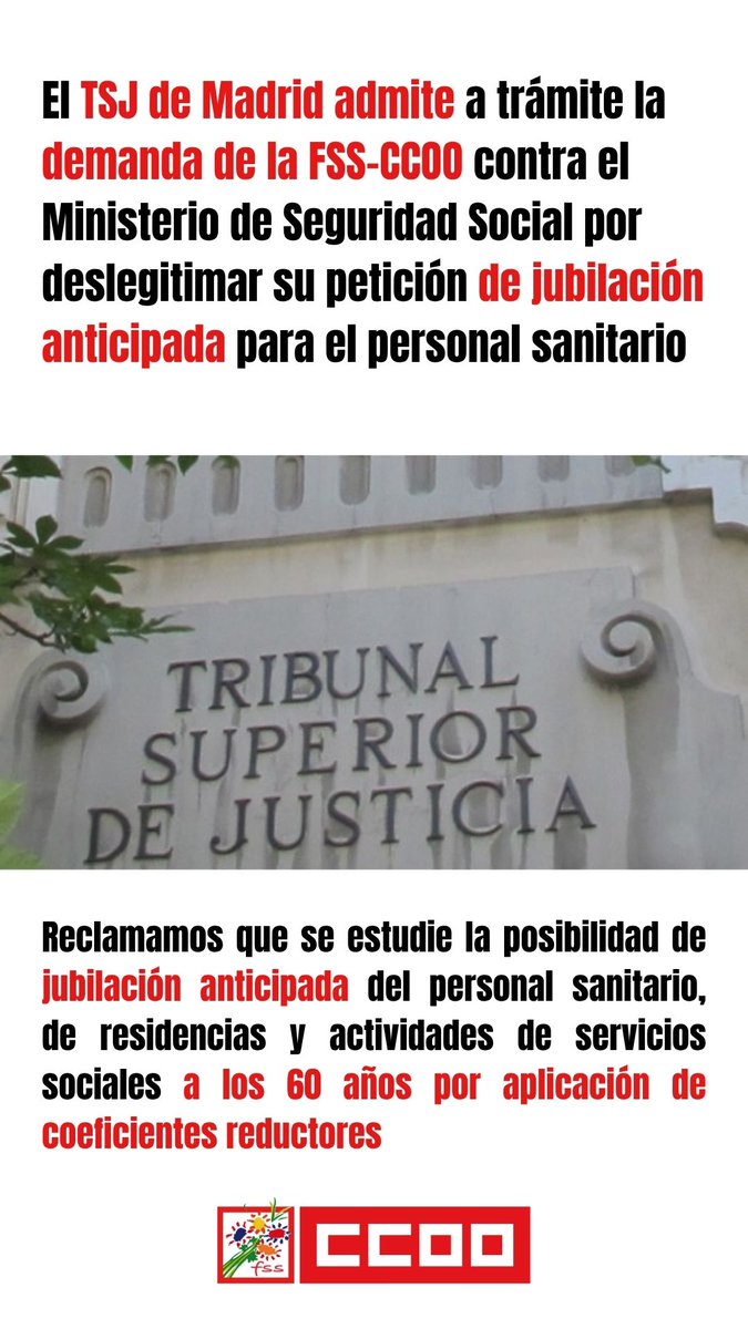 ⚖️ El TSJ de Madrid admite a trámite nuestra demanda contra el Ministerio por deslegitimar la jubilación anticipada a los 60 por aplicación de coeficientes reductores 

sanidad.ccoo.es/noticia:739431…

🫴 Defendemos las condiciones laborales ante la penosidad de la actividad desarrollada