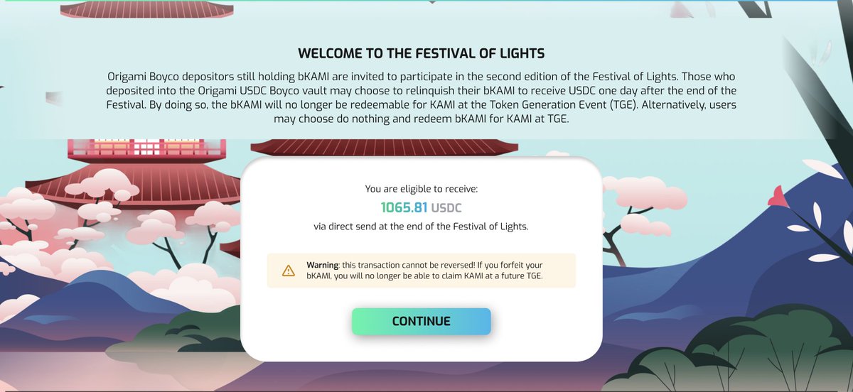Welcome to the Festival of Lights: Part II🏮

Origami Boyco depositors may once again either:

1/ Burn all bKAMI in a lantern to receive a one-time USDC grant on 29/10/25
2/ Wait to redeem bKAMI for KAMI 1:1 at a future TGE (no date set)

How to burn bKAMI?👇