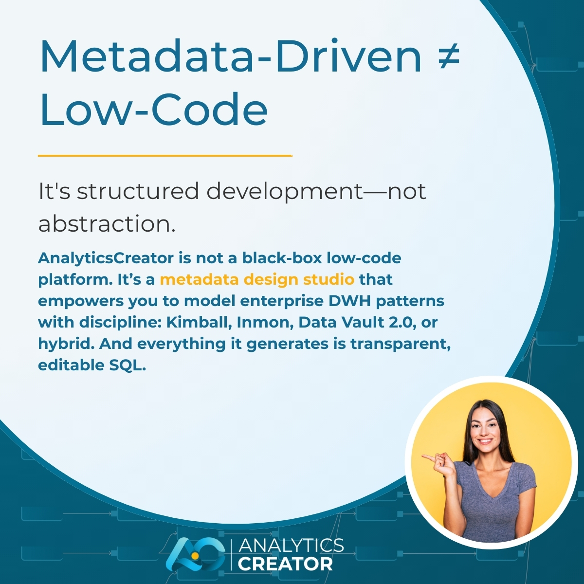 AnalyticsCreato's tweet image. Metadata-Driven ≠ Low-Code
Structured development—not abstraction.
👉 See structured modeling in action: hubs.ly/Q03CwQ-D0
#ModelFirst #DataVault #SQLDevelopment #AnalyticsCreator #MetadataDriven