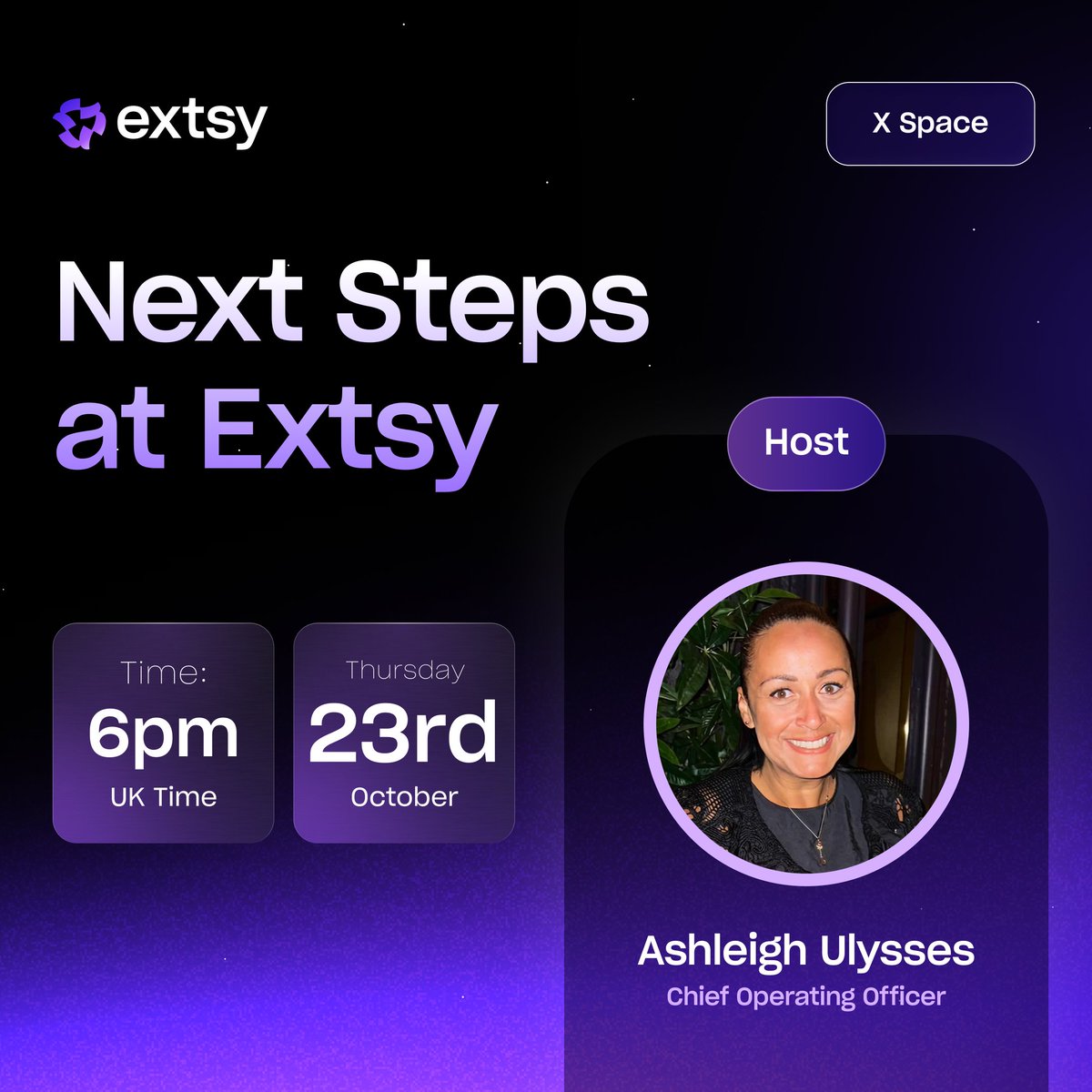 ExtsyPlatform's tweet image. We’re going LIVE on X Spaces to drop major updates on the V2 launch and what’s next for $XTSY! You don’t want to miss this one. 💥
🎙 Our COO, @AshleighatExtsy, will be answering your questions and breaking it all down for the community.
📅 Date: Thursday, Oct 23
🕕 Time: 6PM…