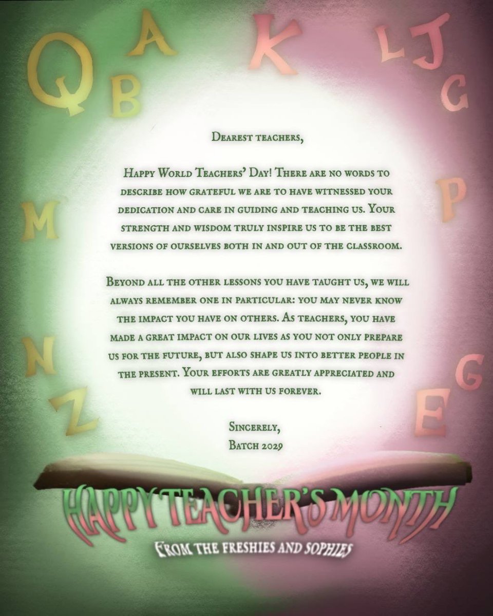 SPCPSCT's tweet image. To our inspirations,

From the bottom of our hearts, the Freshmen and Sophomores. 💚🩷

#WTMagic #T25CHERS 

🎨: Lexine Dumana
🖊️: Cheska Dorotan