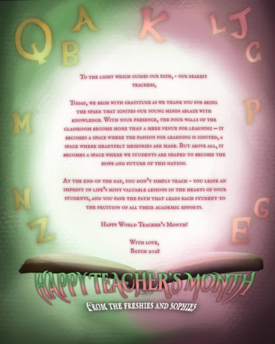 SPCPSCT's tweet image. To our inspirations,

From the bottom of our hearts, the Freshmen and Sophomores. 💚🩷

#WTMagic #T25CHERS 

🎨: Lexine Dumana
🖊️: Cheska Dorotan