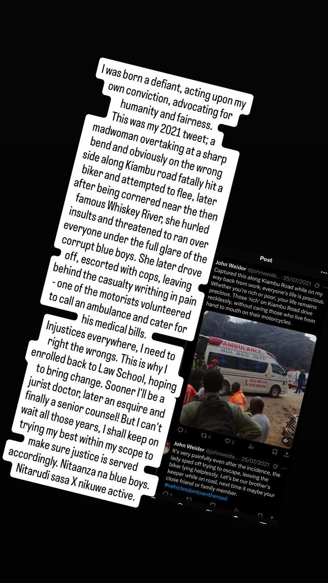 johnweider9's tweet photo. I was born a defiant, acting upon my own conviction, advocating for humanity and fairness. This was my 2021 tweet; a madwoman overtaking at a sharp bend and obviously on the wrong side along Kiambu Road fatally hit a biker and attempted to flee. #injustice #fyp #accident #biker https://t.co/24HYK5MIwo