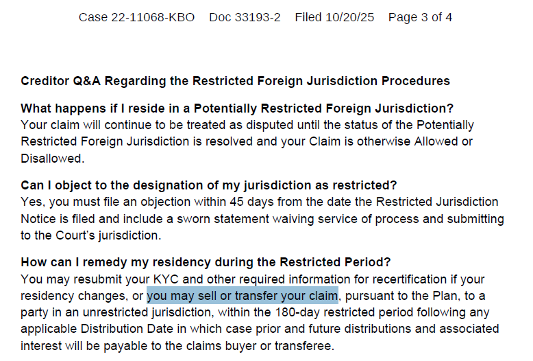 The debtor’s response docketed regarding the restricted jurisdictions.
They are now openly telling creditors to sell their claims.
Creditors are being told to sell claims with more than 170% claim value for maybe 100-110%.
What are their duties?
Who are these working for?

#FTX