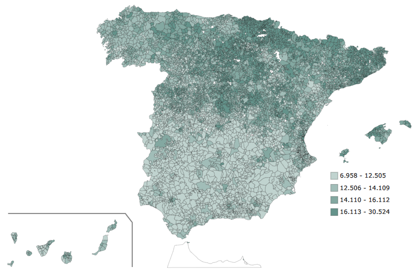 donald_dpm's tweet image. En este mapa podéis ver una distribución geográfica de la #renta neta media per cápita del año 2023 por municipios. 
Cuanto más oscuro es el color verde, mayor renta
#INE #ADRH